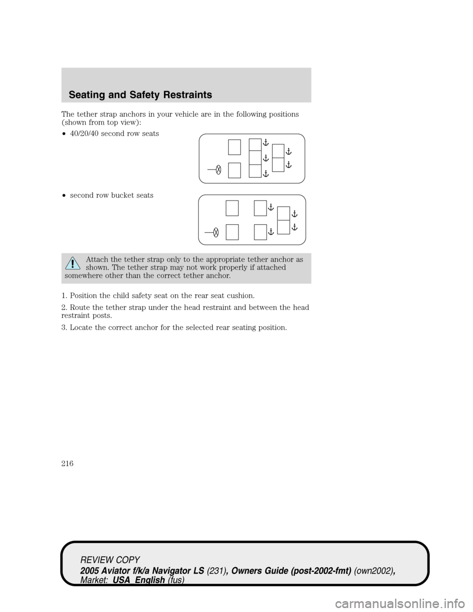 LINCOLN AVIATOR 2005  Owners Manual The tether strap anchors in your vehicle are in the following positions
(shown from top view):
•40/20/40 second row seats
•second row bucket seats
Attach the tether strap only to the appropriate t