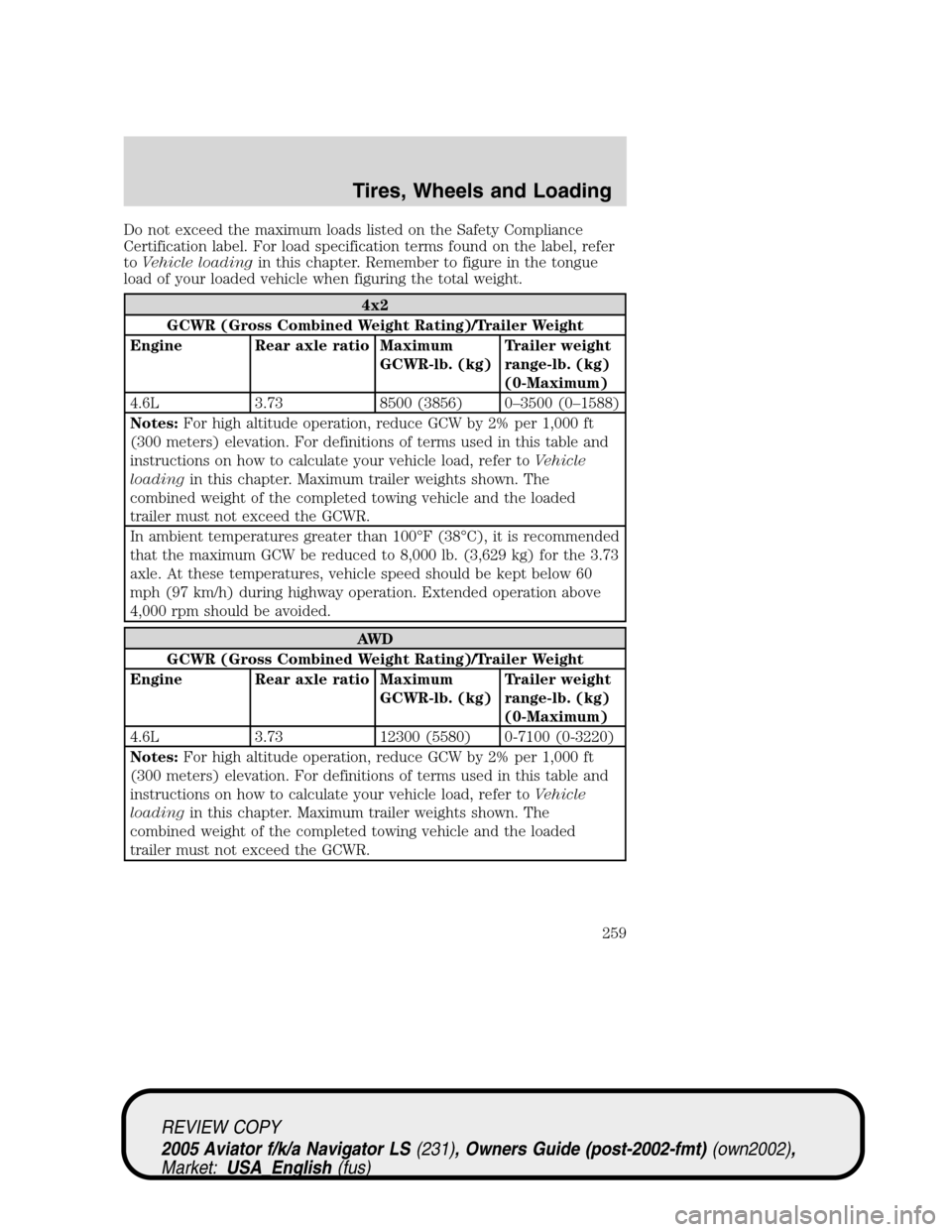 LINCOLN AVIATOR 2005  Owners Manual Do not exceed the maximum loads listed on the Safety Compliance
Certification label. For load specification terms found on the label, refer
toVehicle loadingin this chapter. Remember to figure in the 