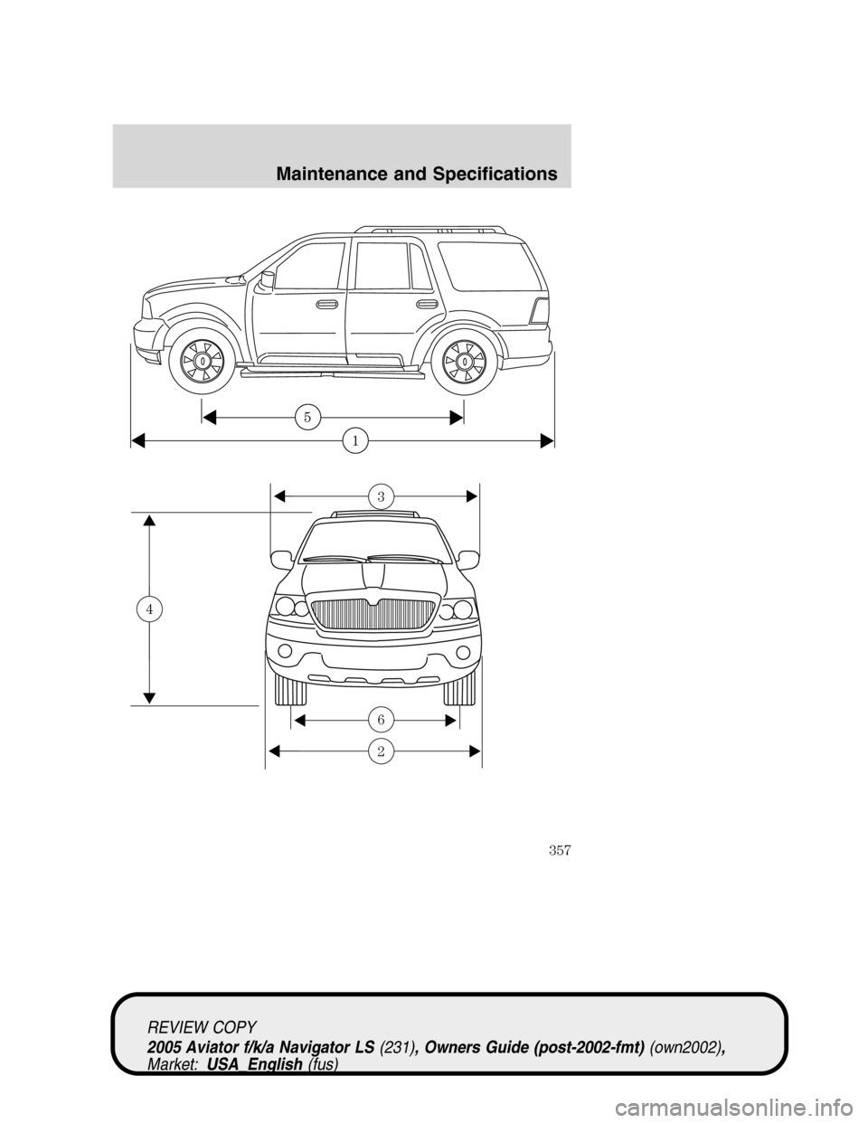 LINCOLN AVIATOR 2005  Owners Manual 2
6
3
4
REVIEW COPY
2005 Aviator f/k/a Navigator LS(231), Owners Guide (post-2002-fmt)(own2002),
Market:USA_English(fus)
Maintenance and Specifications
357 