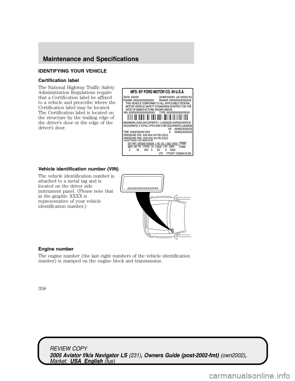 LINCOLN AVIATOR 2005  Owners Manual IDENTIFYING YOUR VEHICLE
Certification label
The National Highway Traffic Safety
Administration Regulations require
that a Certification label be affixed
to a vehicle and prescribe where the
Certifica