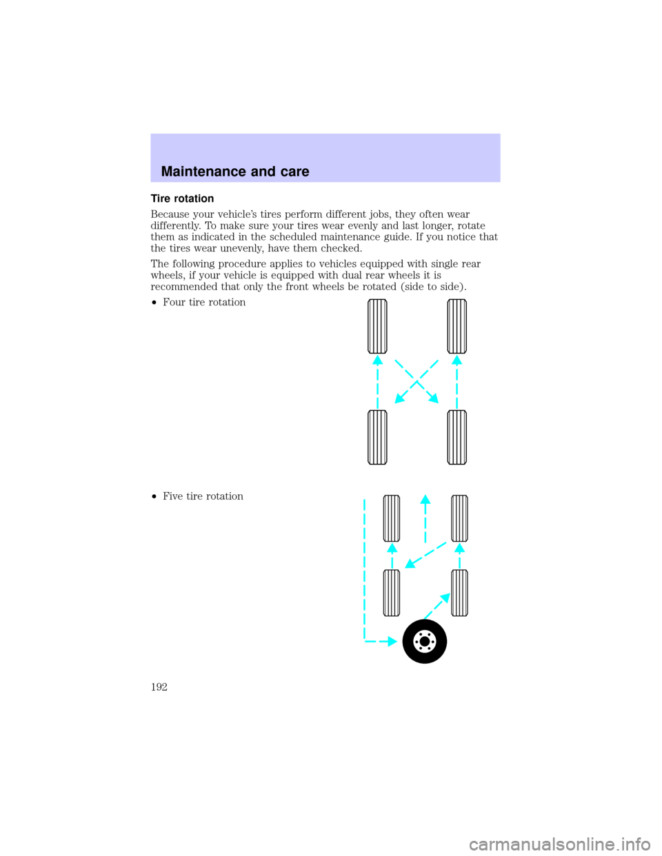 LINCOLN BLACKWOOD 2002  Owners Manual Tire rotation
Because your vehicles tires perform different jobs, they often wear
differently. To make sure your tires wear evenly and last longer, rotate
them as indicated in the scheduled maintenan