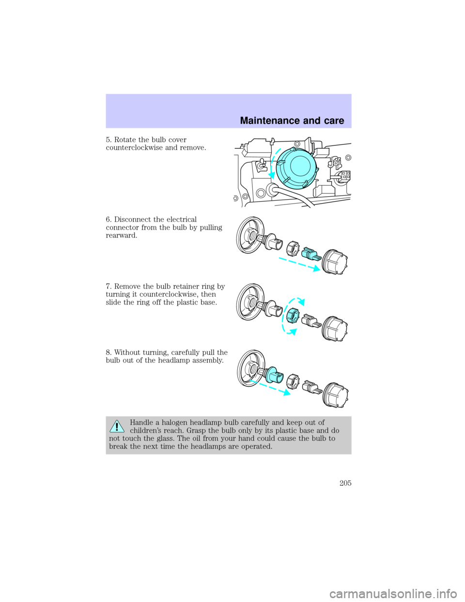 LINCOLN BLACKWOOD 2002  Owners Manual 5. Rotate the bulb cover
counterclockwise and remove.
6. Disconnect the electrical
connector from the bulb by pulling
rearward.
7. Remove the bulb retainer ring by
turning it counterclockwise, then
sl