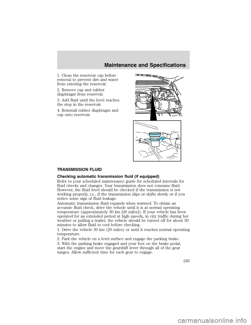LINCOLN BLACKWOOD 2003  Owners Manual 1. Clean the reservoir cap before
removal to prevent dirt and water
from entering the reservoir.
2. Remove cap and rubber
diaphragm from reservoir.
3. Add fluid until the level reaches
the step in the
