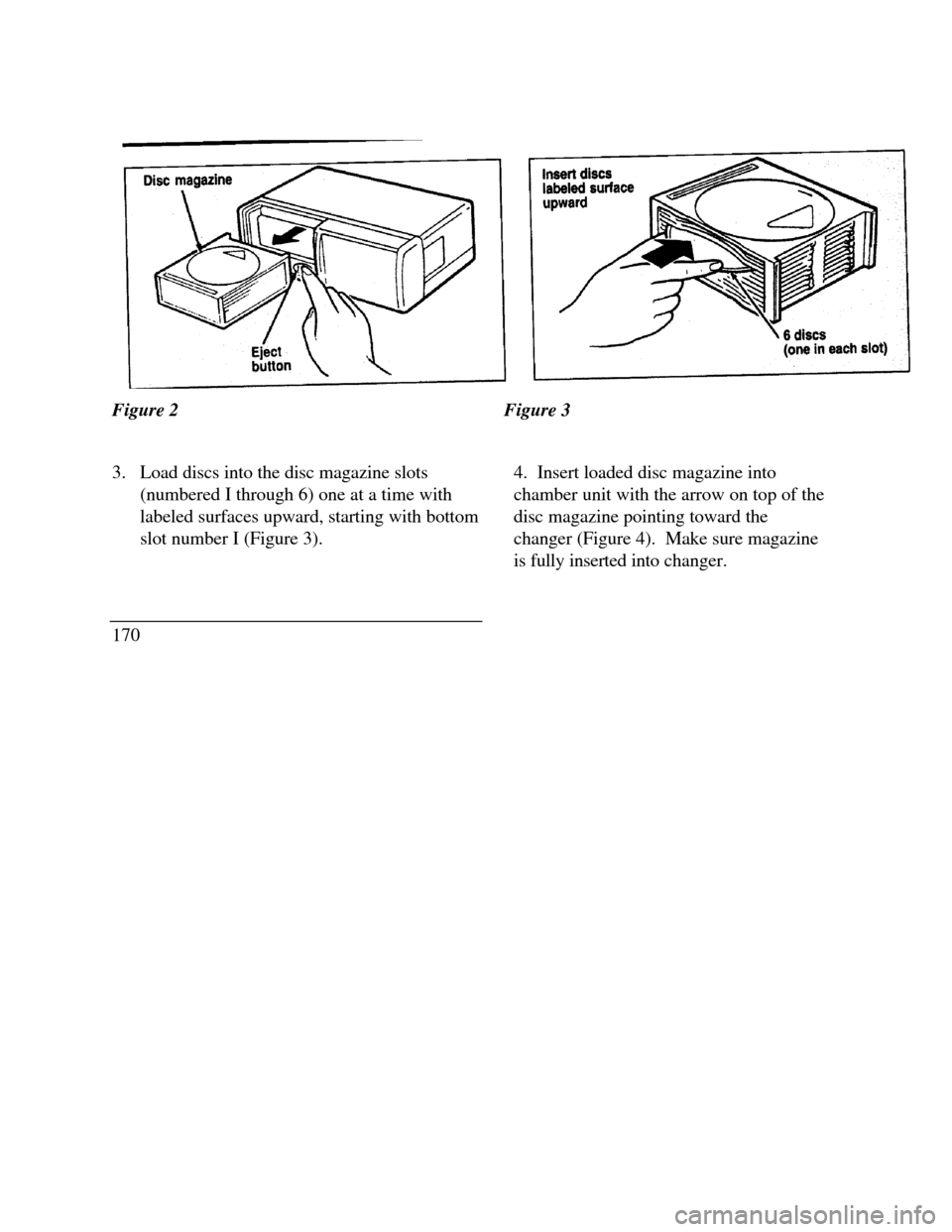 LINCOLN CONTINENTAL 1996  Customer Assistance Guide Disc magazine eject buttonFigure 2Figure 3
3.  Load discs into the disc magazine slots
(numbered I through 6) one at a time with
labeled surfaces upward, starting with bottom
slot number I (Figure 3).