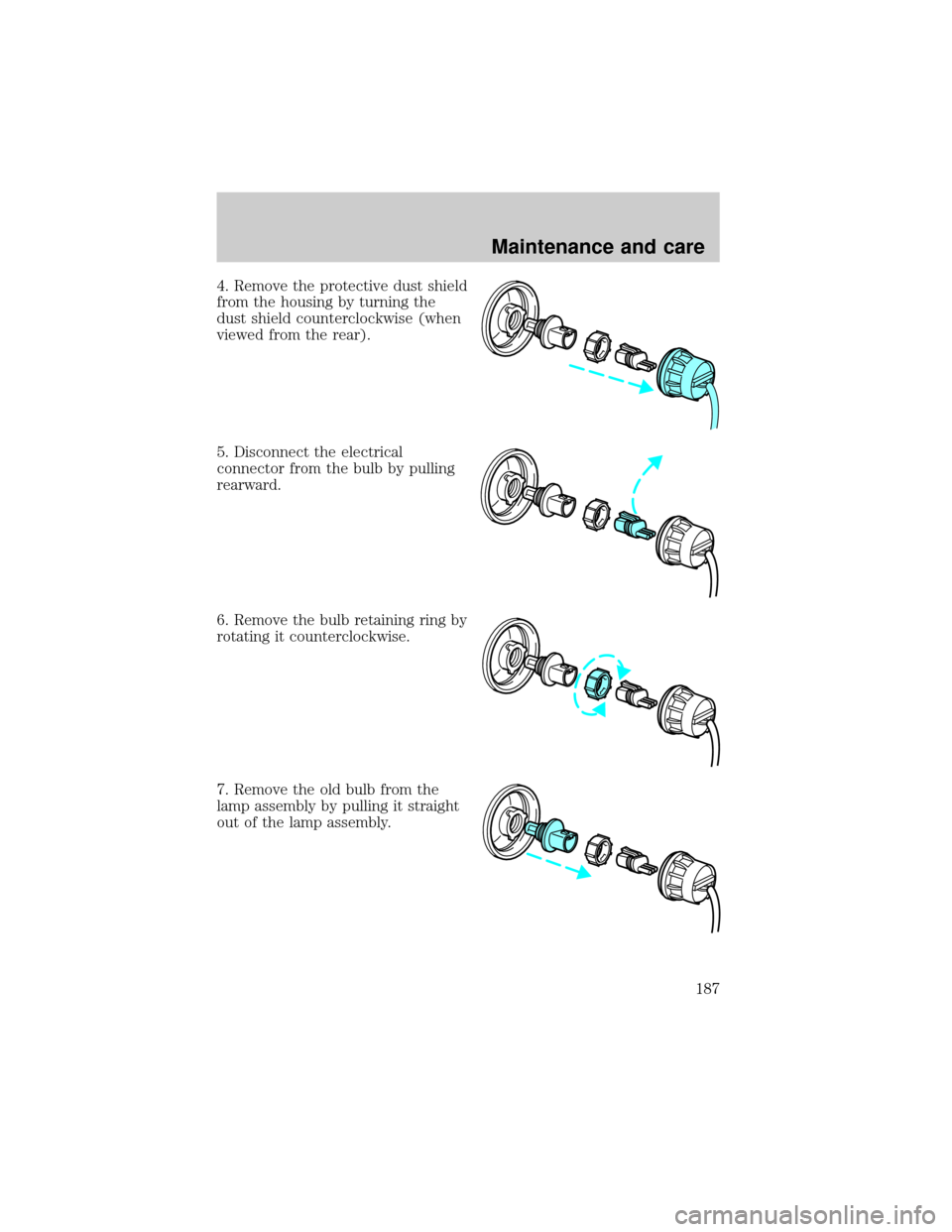 LINCOLN CONTINENTAL 2001  Owners Manual 4. Remove the protective dust shield
from the housing by turning the
dust shield counterclockwise (when
viewed from the rear).
5. Disconnect the electrical
connector from the bulb by pulling
rearward.