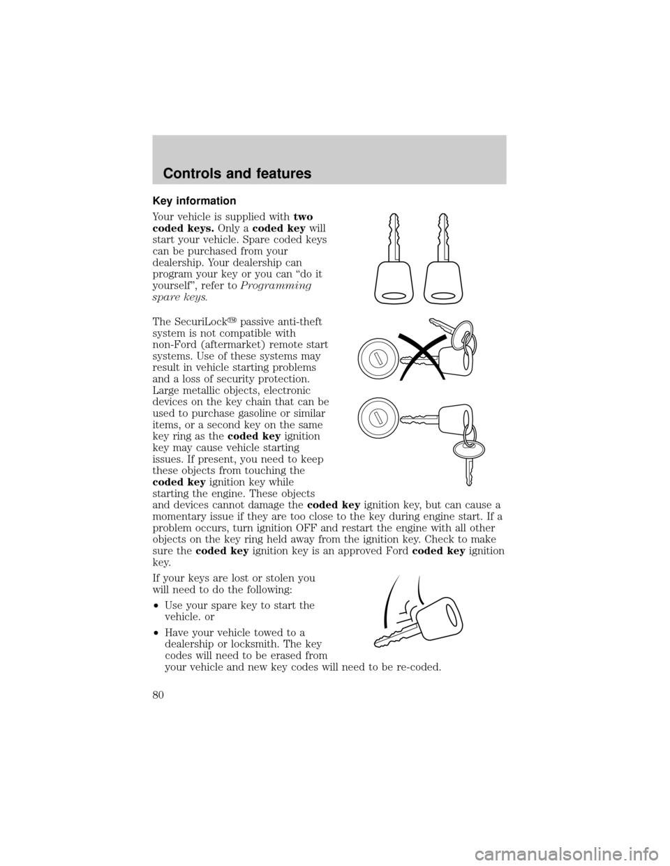 LINCOLN CONTINENTAL 2001  Owners Manual Key information
Your vehicle is supplied withtwo
coded keys.Only acoded keywill
start your vehicle. Spare coded keys
can be purchased from your
dealership. Your dealership can
program your key or you 