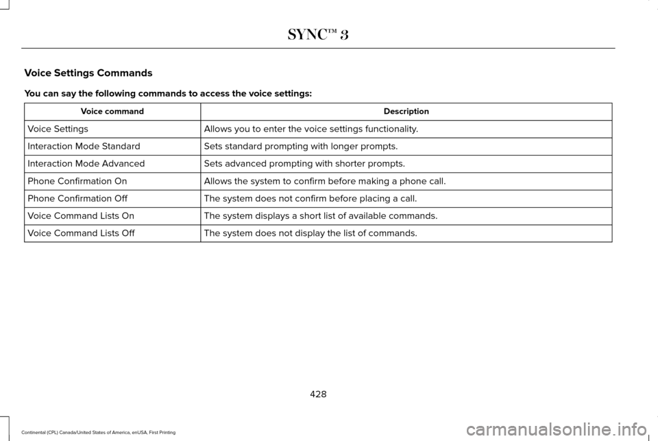 LINCOLN CONTINENTAL 2017  Owners Manual Voice Settings Commands
You can say the following commands to access the voice settings:
Description
Voice command
Allows you to enter the voice settings functionality.
Voice Settings
Sets standard pr
