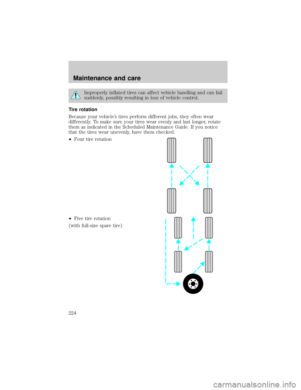 LINCOLN LS 2000  Owners Manual Improperly inflated tires can affect vehicle handling and can fail
suddenly, possibly resulting in loss of vehicle control.
Tire rotation
Because your vehicles tires perform different jobs, they ofte