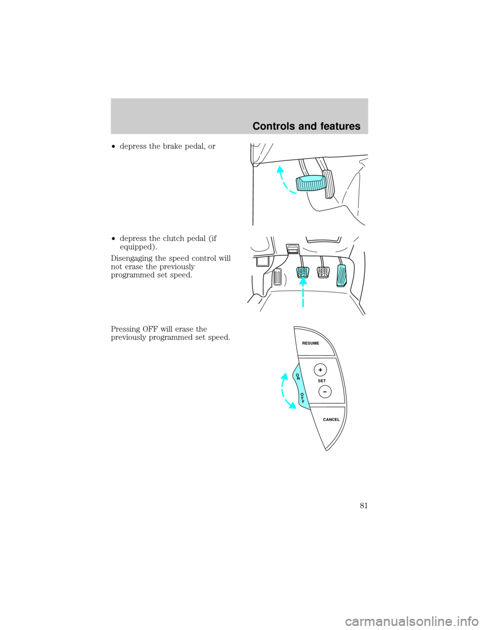 LINCOLN LS 2000  Owners Manual ²depress the brake pedal, or
²depress the clutch pedal (if
equipped).
Disengaging the speed control will
not erase the previously
programmed set speed.
Pressing OFF will erase the
previously program