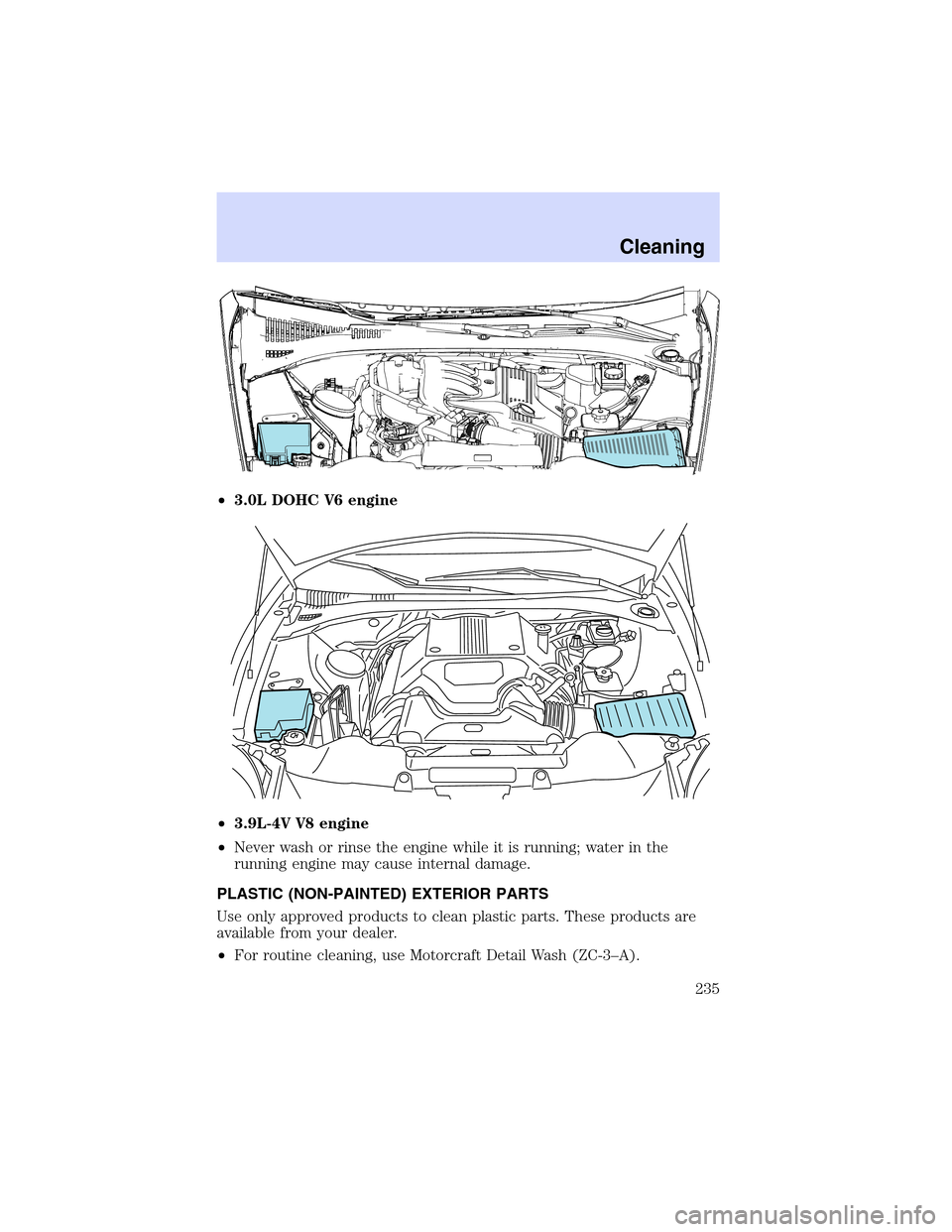 LINCOLN LS 2003  Owners Manual •3.0LDOHCV6 engine
•3.9L-4V V8 engine
•Never wash or rinse the engine while it is running; water in the
running engine may cause internal damage.
PLASTIC (NON-PAINTED) EXTERIOR PARTS
Use only ap