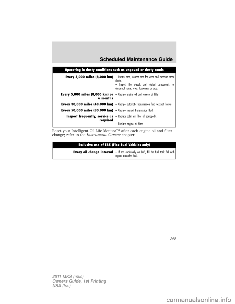 LINCOLN MKS 2011  Owners Manual Operating in dusty conditions such as unpaved or dusty roads
Every 5,000 miles (8,000 km)– Rotate tires, inspect tires for wear and measure tread
depth.
– Inspect the wheels and related components