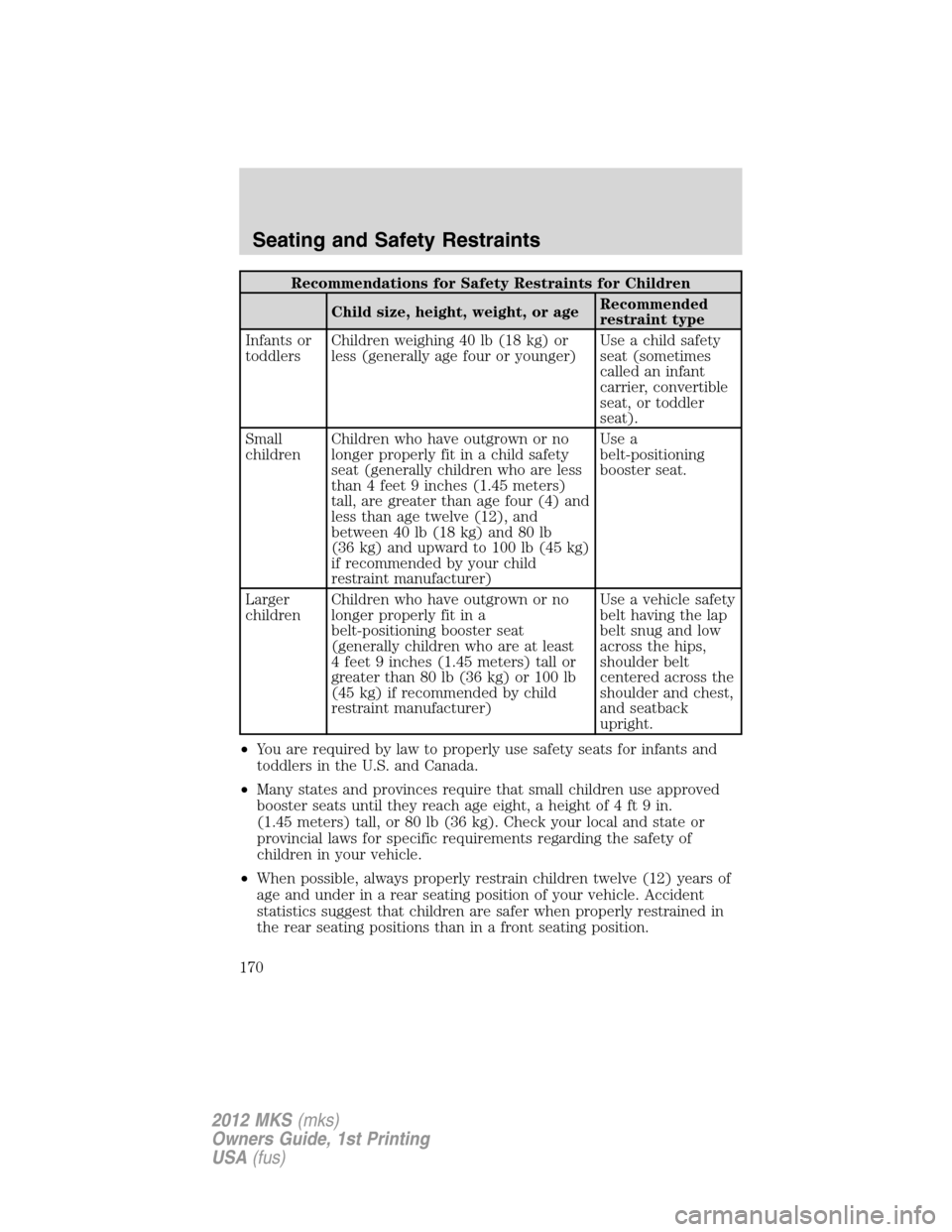 LINCOLN MKS 2012 Owners Manual Recommendations for Safety Restraints for Children
Child size, height, weight, or ageRecommended
restraint type
Infants or
toddlersChildren weighing 40 lb (18 kg) or
less (generally age four or younge LINCOLN MKS 2012 Owners Manual Recommendations for Safety Restraints for Children
Child size, height, weight, or ageRecommended
restraint type
Infants or
toddlersChildren weighing 40 lb (18 kg) or
less (generally age four or younge