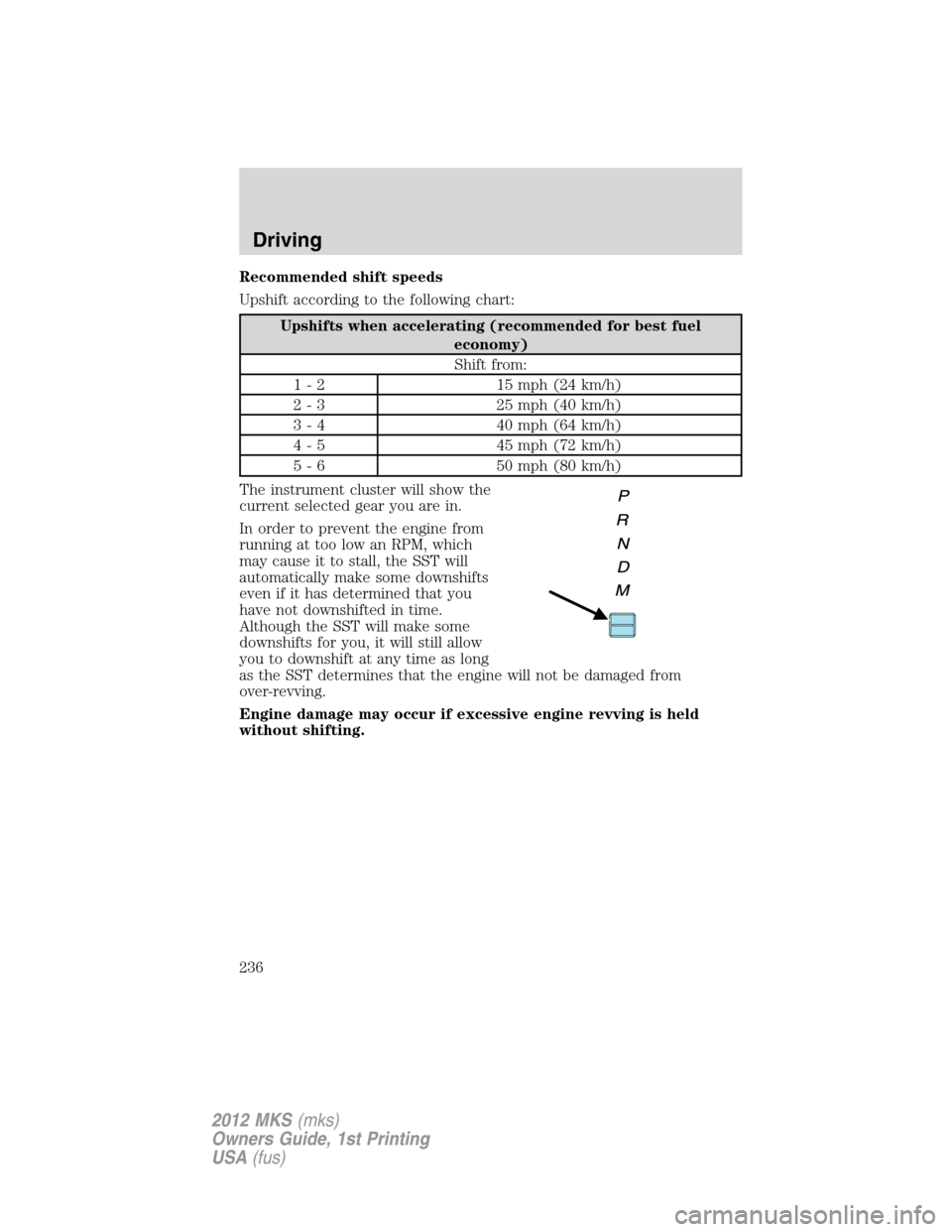 LINCOLN MKS 2012  Owners Manual Recommended shift speeds
Upshift according to the following chart:
Upshifts when accelerating (recommended for best fuel
economy)
Shift from:
1 - 2 15 mph (24 km/h)
2 - 3 25 mph (40 km/h)
3 - 4 40 mph