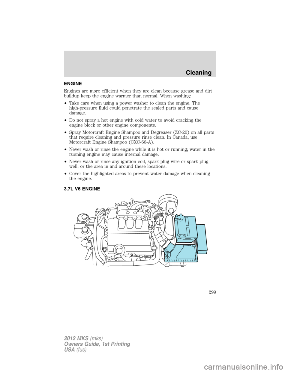 LINCOLN MKS 2012  Owners Manual ENGINE
Engines are more efficient when they are clean because grease and dirt
buildup keep the engine warmer than normal. When washing:
•Take care when using a power washer to clean the engine. The
