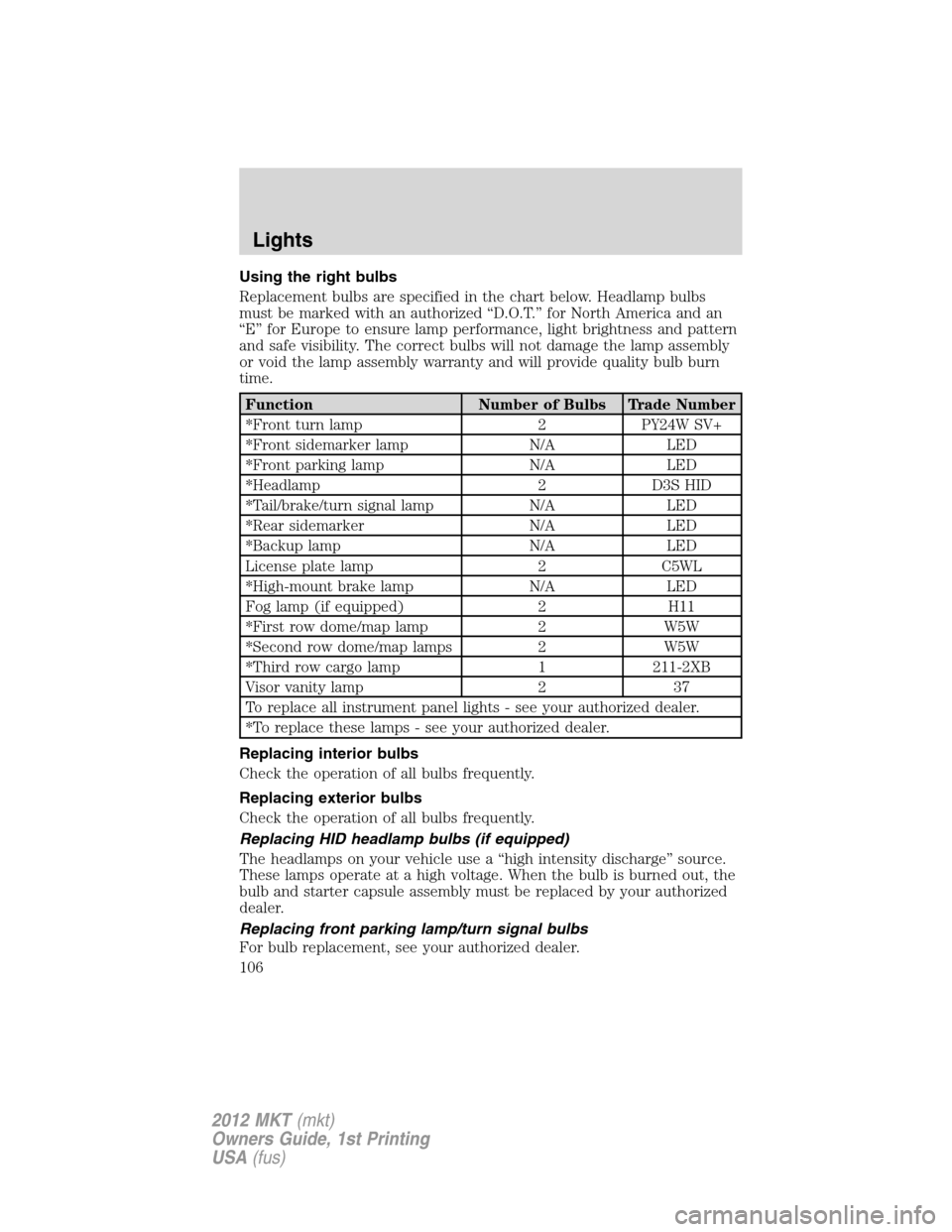LINCOLN MKT 2012 Owners Manual Using the right bulbs
Replacement bulbs are specified in the chart below. Headlamp bulbs
must be marked with an authorized “D.O.T.” for North America and an
“E” for Europe to ensure lamp perfo LINCOLN MKT 2012 Owners Manual Using the right bulbs
Replacement bulbs are specified in the chart below. Headlamp bulbs
must be marked with an authorized “D.O.T.” for North America and an
“E” for Europe to ensure lamp perfo