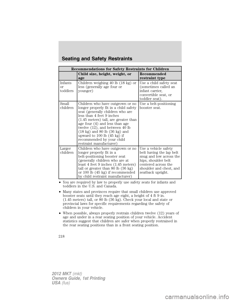 LINCOLN MKT 2012 Owners Manual Recommendations for Safety Restraints for Children
Child size, height, weight, or
ageRecommended
restraint type
Infants
or
toddlersChildren weighing 40 lb (18 kg) or
less (generally age four or
younge LINCOLN MKT 2012 Owners Manual Recommendations for Safety Restraints for Children
Child size, height, weight, or
ageRecommended
restraint type
Infants
or
toddlersChildren weighing 40 lb (18 kg) or
less (generally age four or
younge