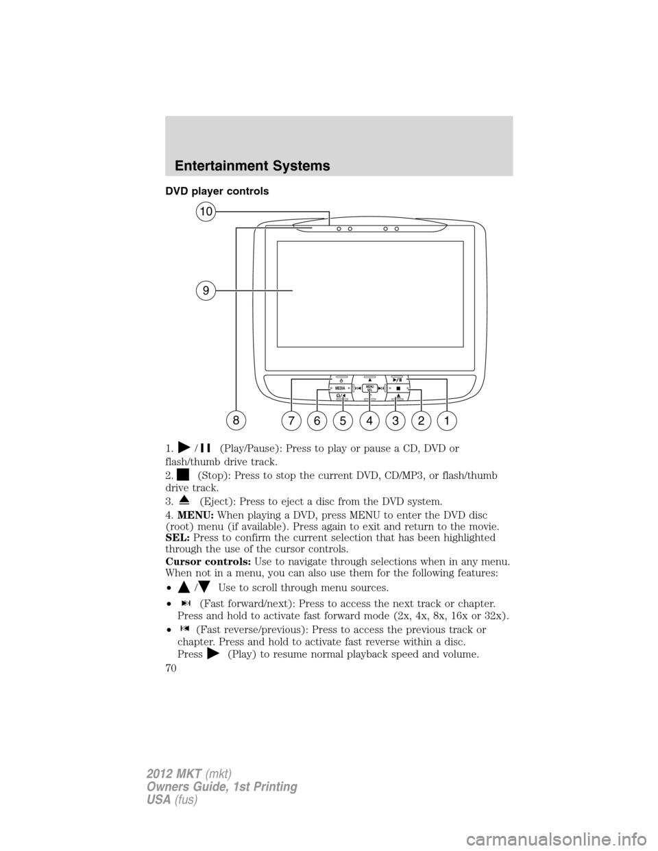 LINCOLN MKT 2012 Owners Manual DVD player controls
1.
/(Play/Pause): Press to play or pause a CD, DVD or
flash/thumb drive track.
2.
(Stop): Press to stop the current DVD, CD/MP3, or flash/thumb
drive track.
3.
(Eject): Press to ej LINCOLN MKT 2012 Owners Manual DVD player controls
1.
/(Play/Pause): Press to play or pause a CD, DVD or
flash/thumb drive track.
2.
(Stop): Press to stop the current DVD, CD/MP3, or flash/thumb
drive track.
3.
(Eject): Press to ej