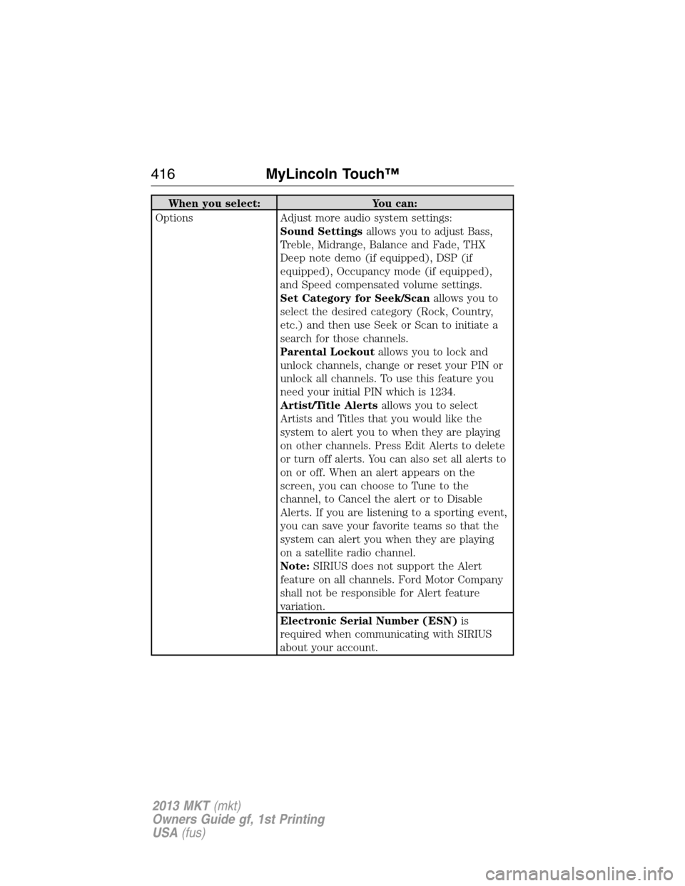 LINCOLN MKT 2013 Owners Manual When you select: You can:
Options Adjust more audio system settings:
Sound Settingsallows you to adjust Bass,
Treble, Midrange, Balance and Fade, THX
Deep note demo (if equipped), DSP (if
equipped), O LINCOLN MKT 2013 Owners Manual When you select: You can:
Options Adjust more audio system settings:
Sound Settingsallows you to adjust Bass,
Treble, Midrange, Balance and Fade, THX
Deep note demo (if equipped), DSP (if
equipped), O