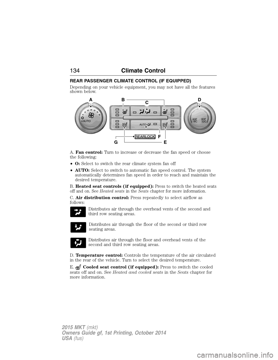 LINCOLN MKT 2015  Owners Manual REAR PASSENGER CLIMATE CONTROL (IF EQUIPPED)
Depending on your vehicle equipment, you may not have all the features
shown below.
A.Fan control:Turn to increase or decrease the fan speed or choose
the 