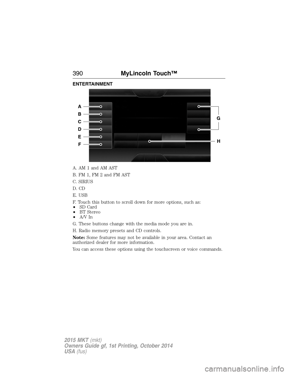 LINCOLN MKT 2015  Owners Manual ENTERTAINMENT
A. AM 1 and AM AST
B. FM 1, FM 2 and FM AST
C. SIRIUS
D. CD
E. USB
F. Touch this button to scroll down for more options, such as:
•SD Card
•BT Stereo
•A/V In
G. These buttons chang