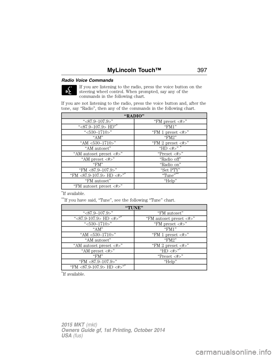 LINCOLN MKT 2015  Owners Manual Radio Voice Commands
If you are listening to the radio, press the voice button on the
steering wheel control. When prompted, say any of the
commands in the following chart.
If you are not listening to