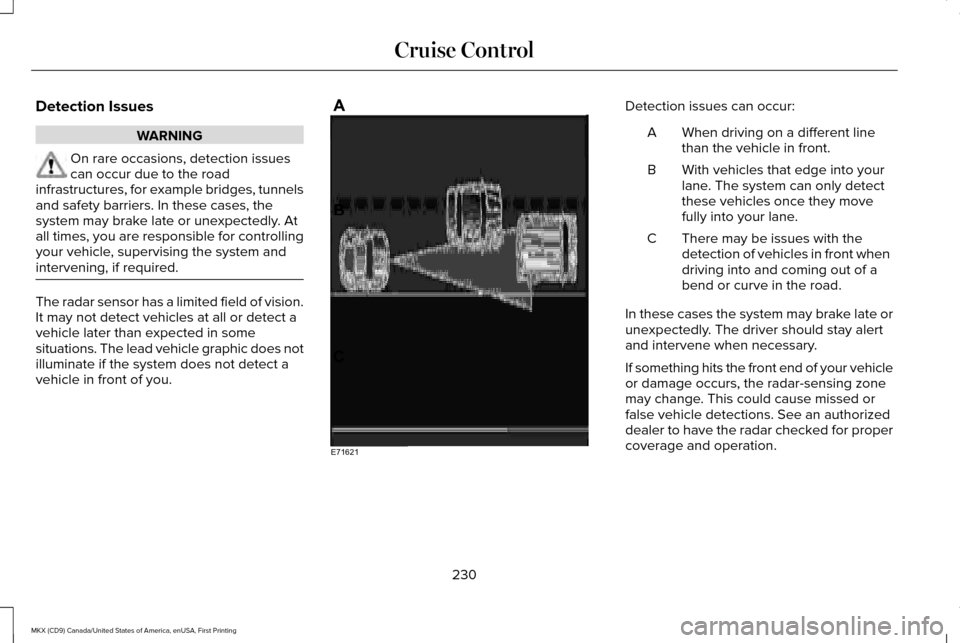 LINCOLN MKX 2017  Owners Manual Detection Issues
WARNING
On rare occasions, detection issues
can occur due to the road
infrastructures, for example bridges, tunnels
and safety barriers. In these cases, the
system may brake late or u