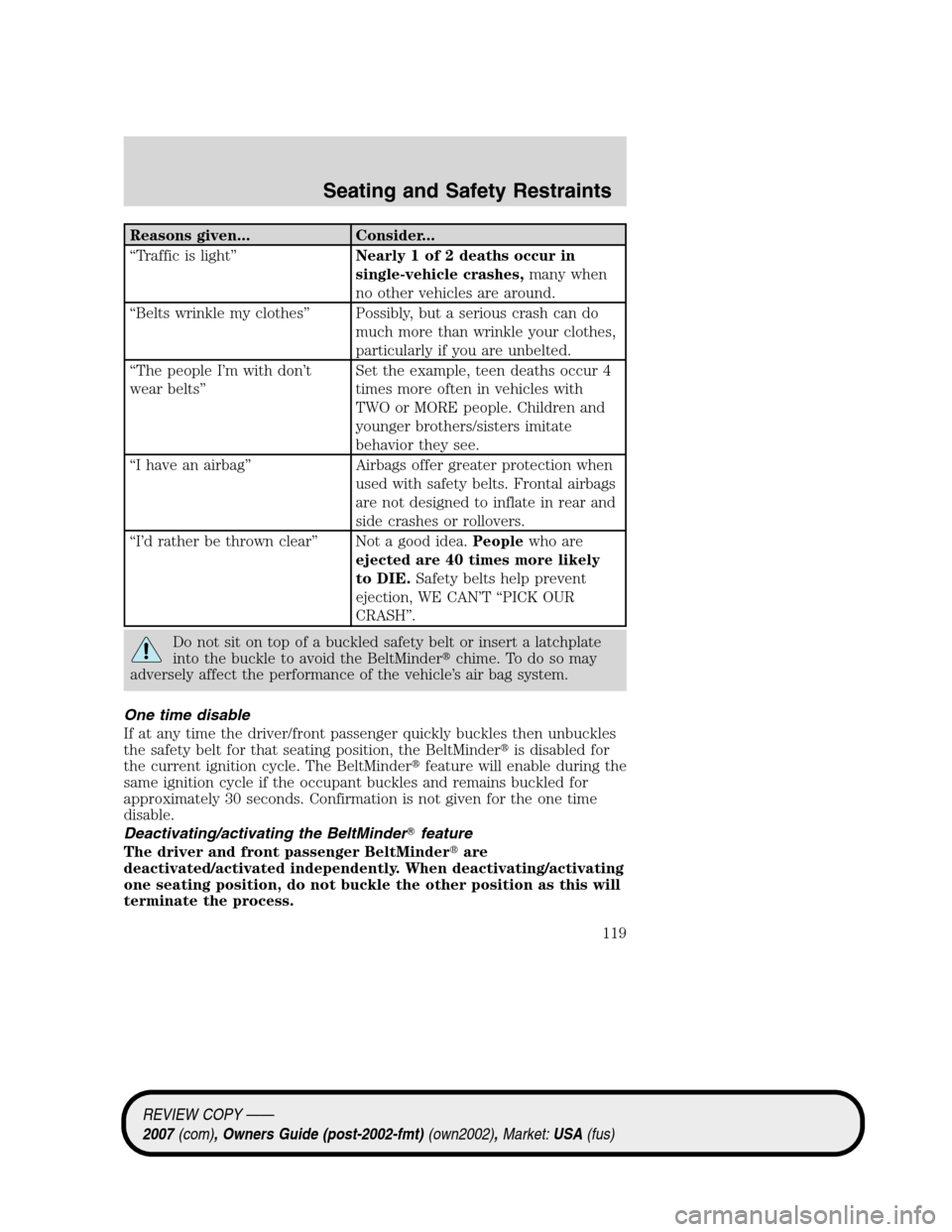 LINCOLN MKZ 2007  Owners Manual Reasons given... Consider...
“Traffic is light”Nearly 1 of 2 deaths occur in
single-vehicle crashes,many when
no other vehicles are around.
“Belts wrinkle my clothes” Possibly, but a serious c