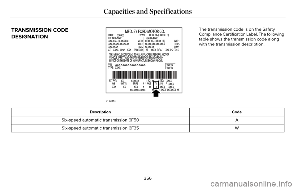 LINCOLN MKZ 2016  Owners Manual TRANSMISSION CODE
DESIGNATION
E167814
The transmission code is on the Safety
Compliance Certification Label. The following
table shows the transmission code along
with the transmission description.
Co