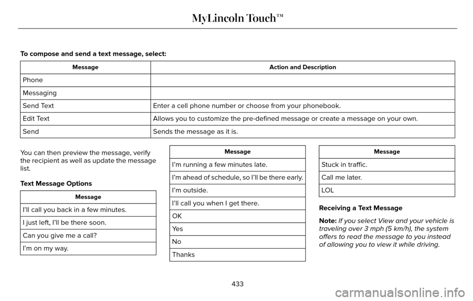 LINCOLN MKZ 2016  Owners Manual To compose and send a text message, select:
Action and Description
Message
Phone
Messaging
Enter a cell phone number or choose from your phonebook.
Send Text
Allows you to customize the pre-defined me