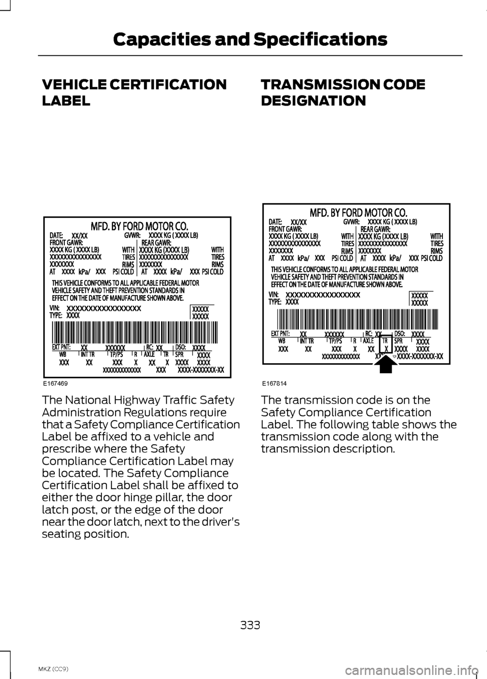 LINCOLN MKZ HYBRID 2013  Owners Manual VEHICLE CERTIFICATION
LABEL
The National Highway Traffic Safety
Administration Regulations require
that a Safety Compliance Certification
Label be affixed to a vehicle and
prescribe where the Safety
C