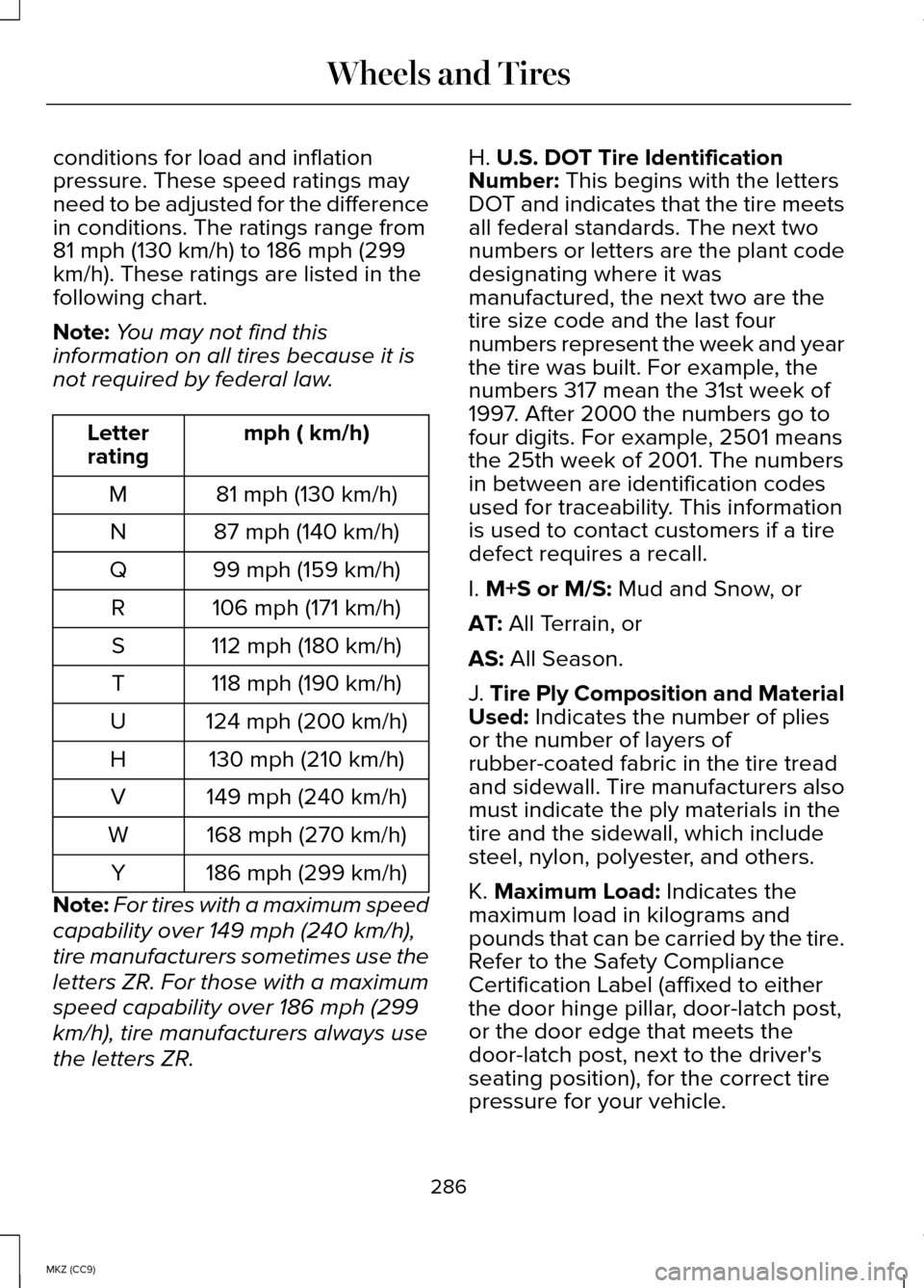 LINCOLN MKZ HYBRID 2014 Owners Manual conditions for load and inflation
pressure. These speed ratings may
need to be adjusted for the difference
in conditions. The ratings range from
81 mph (130 km/h) to 186 mph (299
km/h). These ratings LINCOLN MKZ HYBRID 2014 Owners Manual conditions for load and inflation
pressure. These speed ratings may
need to be adjusted for the difference
in conditions. The ratings range from
81 mph (130 km/h) to 186 mph (299
km/h). These ratings