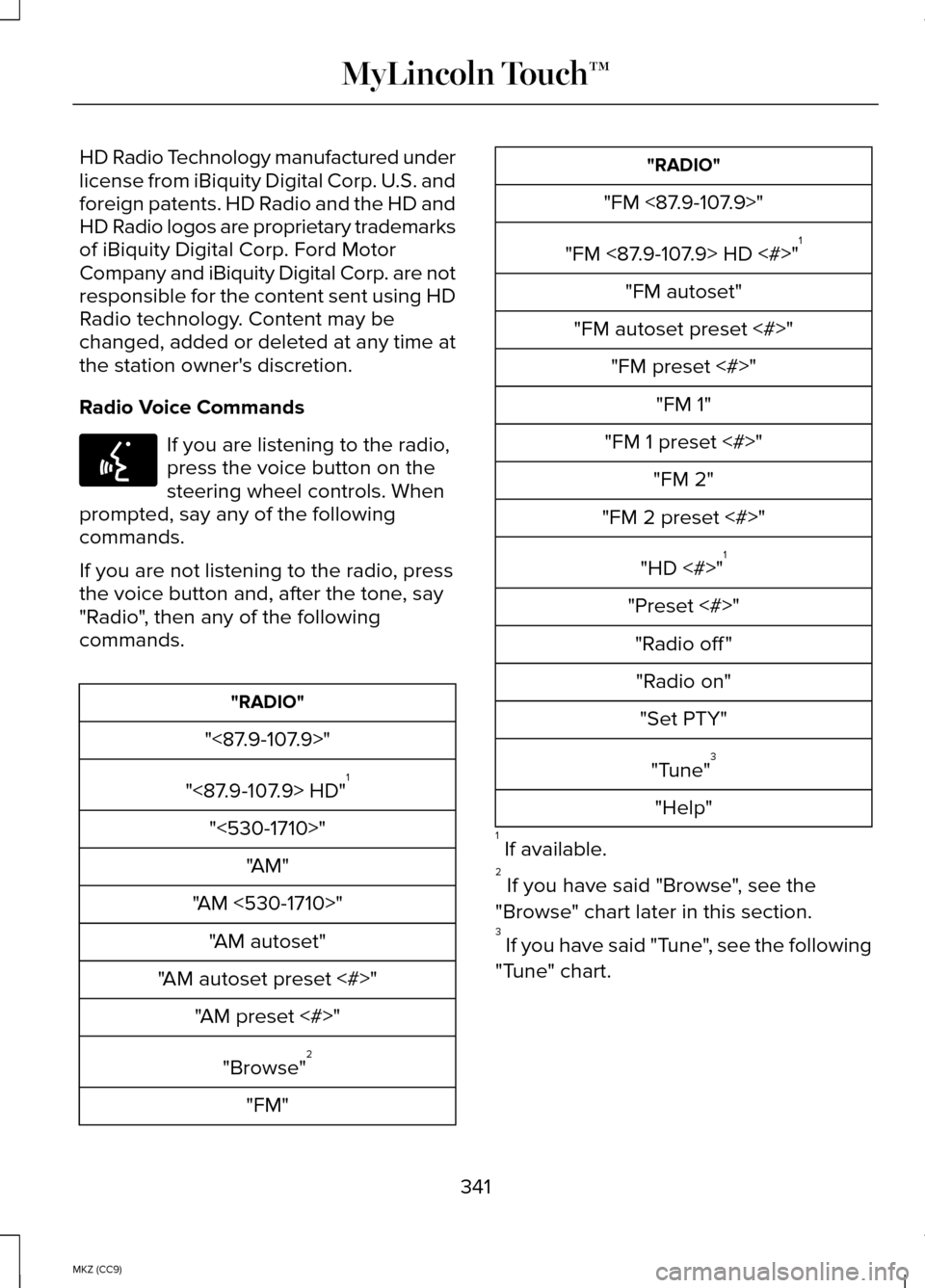 LINCOLN MKZ HYBRID 2014 Owners Manual HD Radio Technology manufactured under
license from iBiquity Digital Corp. U.S. and
foreign patents. HD Radio and the HD and
HD Radio logos are proprietary trademarks
of iBiquity Digital Corp. Ford Mo LINCOLN MKZ HYBRID 2014 Owners Manual HD Radio Technology manufactured under
license from iBiquity Digital Corp. U.S. and
foreign patents. HD Radio and the HD and
HD Radio logos are proprietary trademarks
of iBiquity Digital Corp. Ford Mo