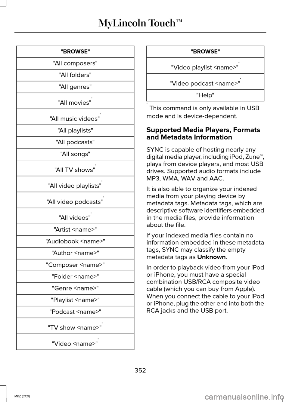 LINCOLN MKZ HYBRID 2014 Owners Manual "BROWSE"
"All composers" "All folders"
"All genres"
"All movies" *
"All music videos" *
"All playlists"
"All podcasts" "All songs"
"All TV shows" *
"All video playlists" *
"All video podcasts" *
"All LINCOLN MKZ HYBRID 2014 Owners Manual "BROWSE"
"All composers" "All folders"
"All genres"
"All movies" *
"All music videos" *
"All playlists"
"All podcasts" "All songs"
"All TV shows" *
"All video playlists" *
"All video podcasts" *
"All