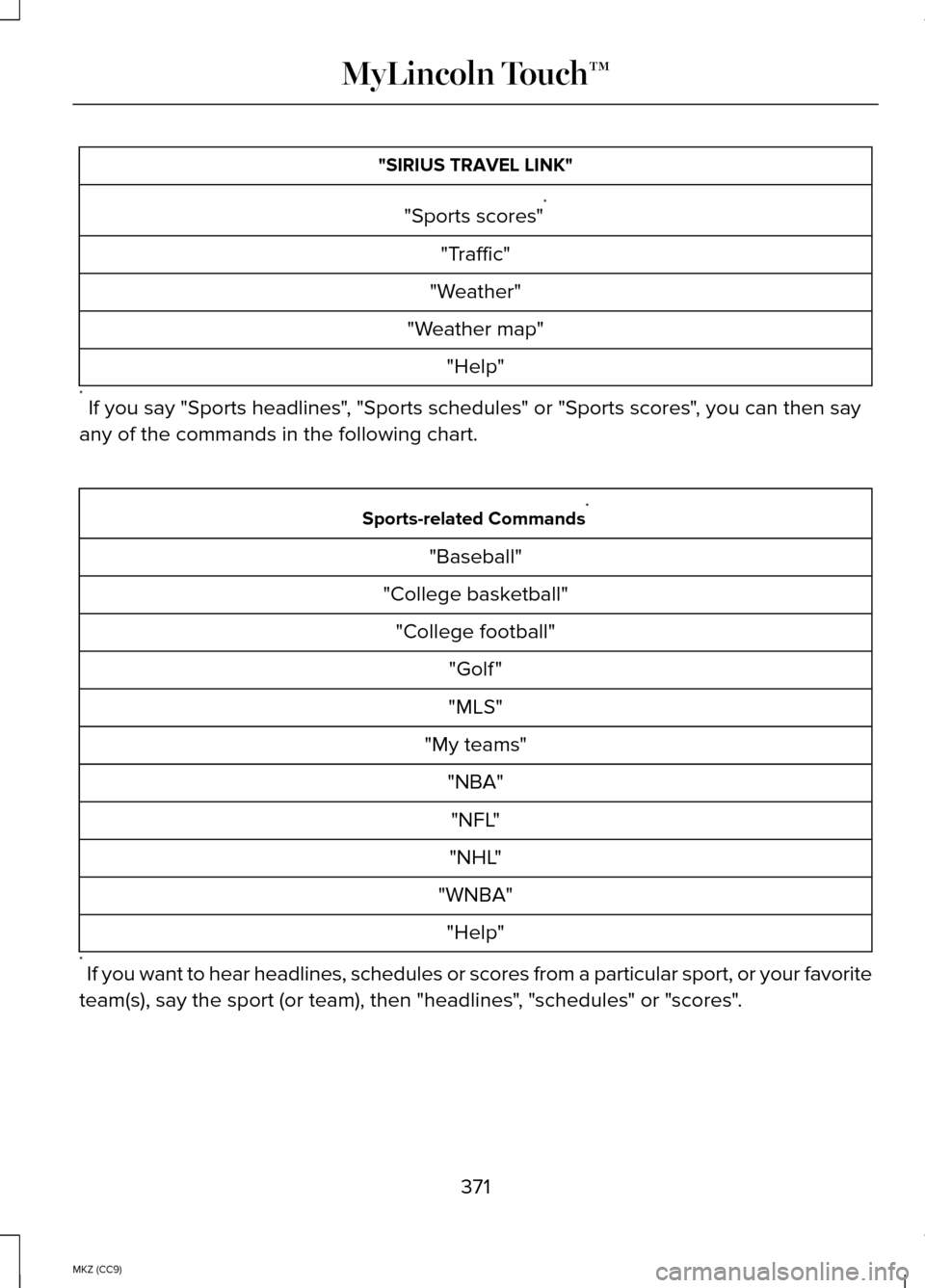 LINCOLN MKZ HYBRID 2014  Owners Manual "SIRIUS TRAVEL LINK"
"Sports scores" *
"Traffic"
"Weather"
"Weather map" "Help"
*  If you say "Sports headlines", "Sports schedules" or "Sports scores", you can then say
any of the commands in the fol