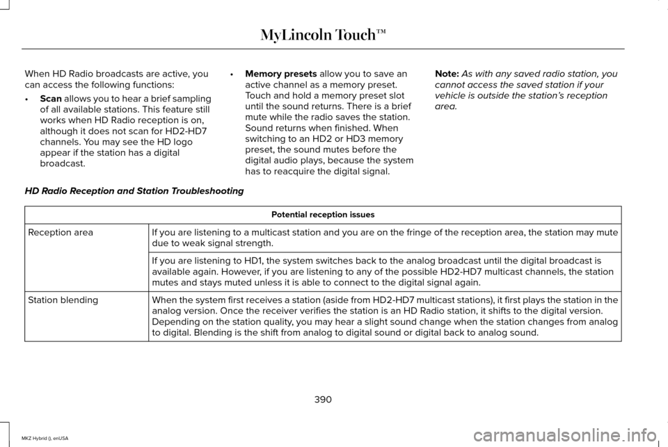 LINCOLN MKZ HYBRID 2015 Owners Manual When HD Radio broadcasts are active, you
can access the following functions:
•
Scan allows you to hear a brief sampling
of all available stations. This feature still
works when HD Radio reception is LINCOLN MKZ HYBRID 2015 Owners Manual When HD Radio broadcasts are active, you
can access the following functions:
•
Scan allows you to hear a brief sampling
of all available stations. This feature still
works when HD Radio reception is