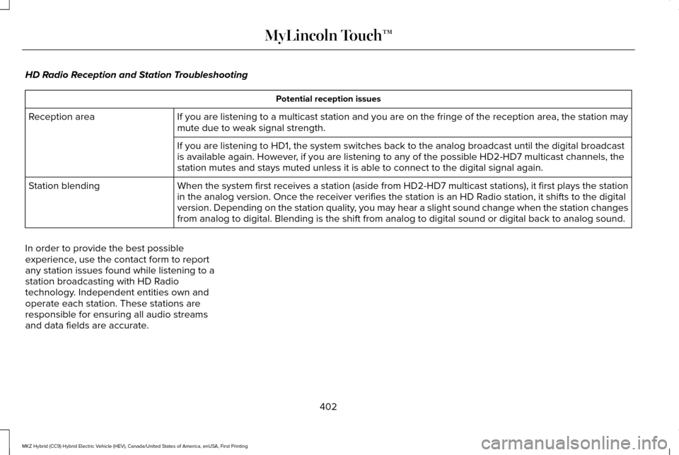 LINCOLN MKZ HYBRID 2016  Owners Manual HD Radio Reception and Station Troubleshooting
Potential reception issues
If you are listening to a multicast station and you are on the fringe of\
 the reception area, the station may
mute due to wea