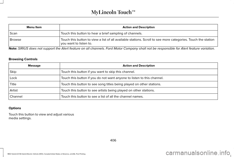 LINCOLN MKZ HYBRID 2016  Owners Manual Action and Description
Menu Item
Touch this button to hear a brief sampling of channels.
Scan
Touch this button to view a list of all available stations. Scroll to see\
 more categories. Touch the sta