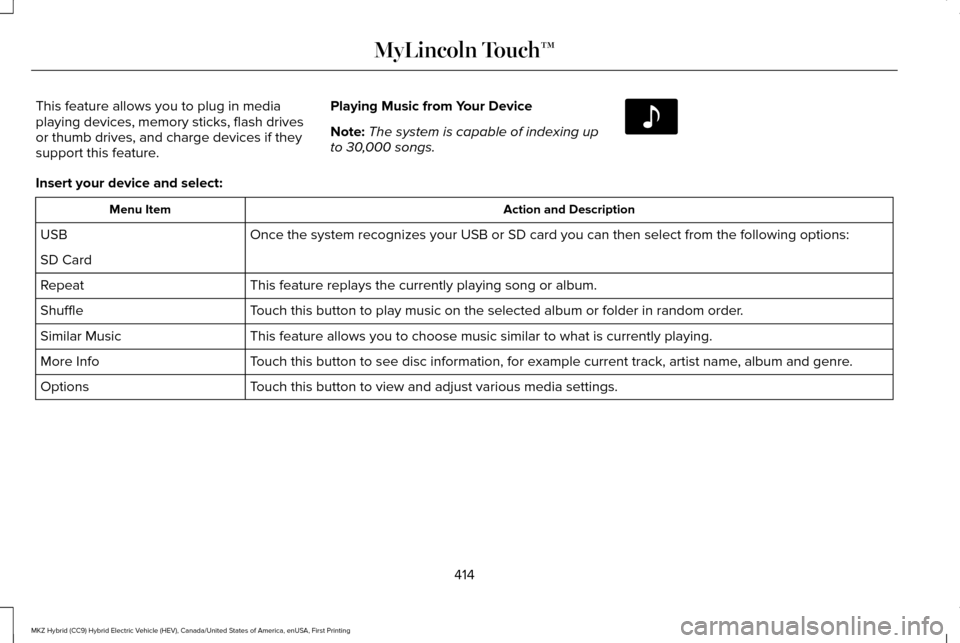 LINCOLN MKZ HYBRID 2016  Owners Manual This feature allows you to plug in media
playing devices, memory sticks, flash drives
or thumb drives, and charge devices if they
support this feature.
Playing Music from Your Device
Note:
The system 