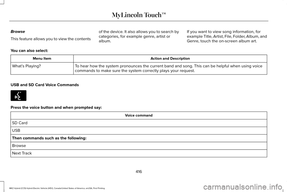 LINCOLN MKZ HYBRID 2016  Owners Manual Browse
This feature allows you to view the contents
of the device. It also allows you to search by
categories, for example genre, artist or
album.If you want to view song information, for
example Titl