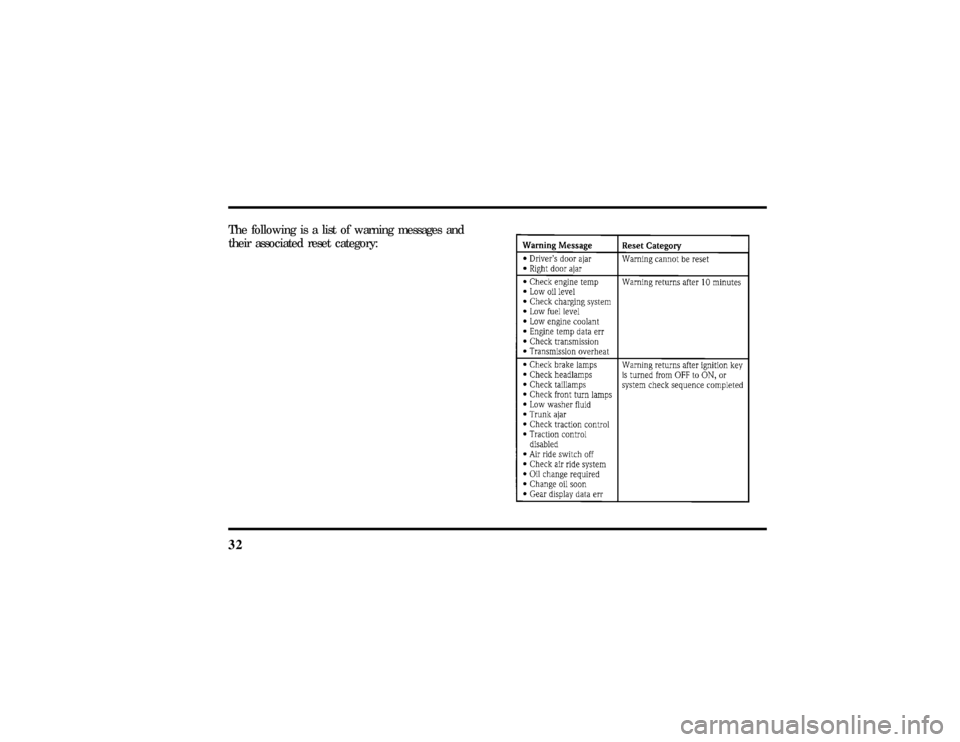 LINCOLN MARK VIII 1997  Owners Manual 32The following is a list of warning messages and
their associated reset category:
File:03fnis8.ex
Update:Thu Jun 27 10:00:37 1996 