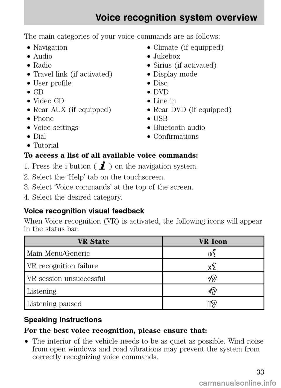 LINCOLN NAVIGATOR 2009 Navigation Manual The main categories of your voice commands are as follows: • Navigation •Climate (if equipped)
• Audio •Jukebox
• Radio •Sirius (if activated)
• Travel link (if activated) •Disp LINCOLN NAVIGATOR 2009 Navigation Manual The main categories of your voice commands are as follows: • Navigation •Climate (if equipped)
• Audio •Jukebox
• Radio •Sirius (if activated)
• Travel link (if activated) •Disp