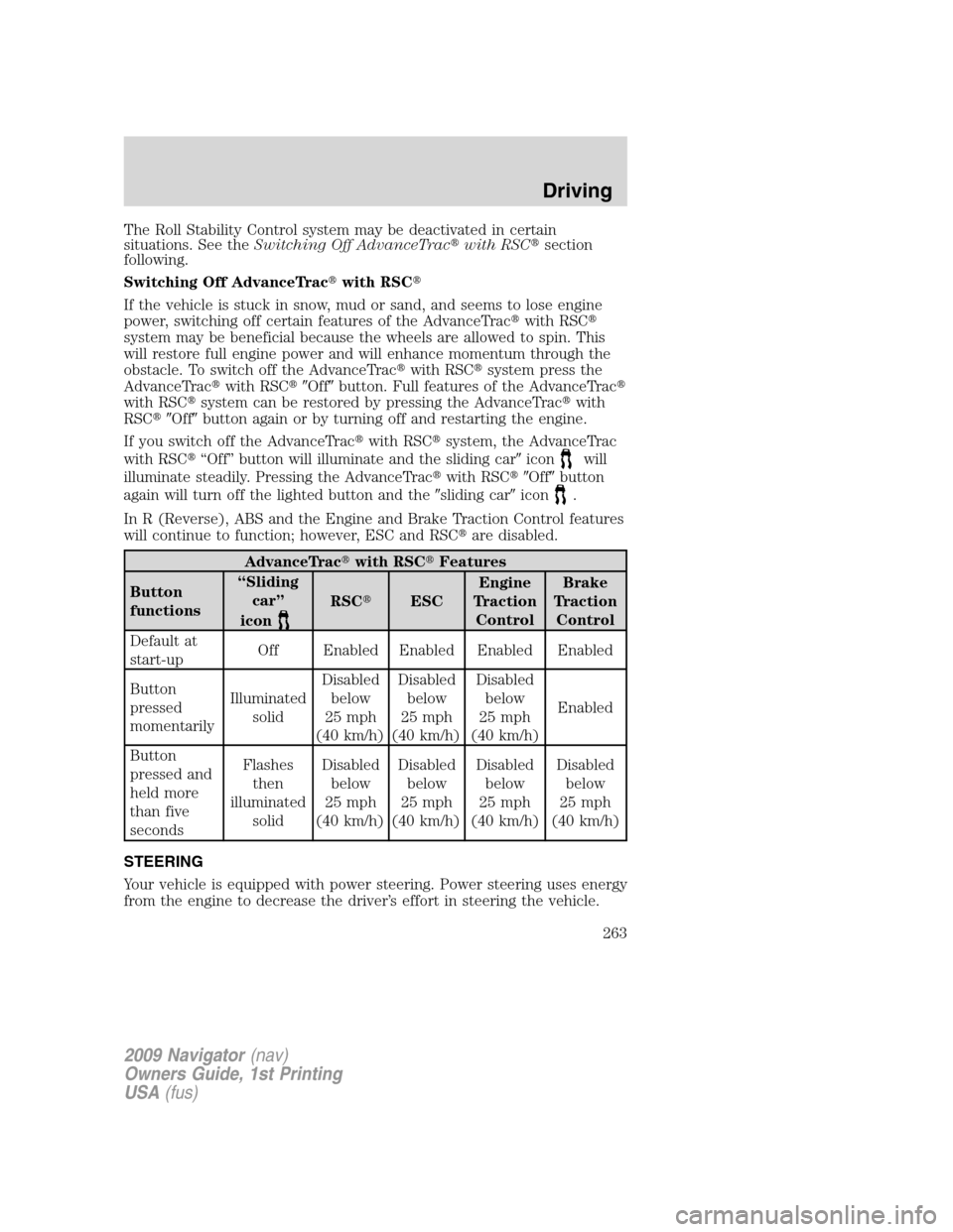 LINCOLN NAVIGATOR 2009 Owners Manual The Roll Stability Control system may be deactivated in certain
situations. See theSwitching Off AdvanceTracwith RSCsection
following.
Switching Off AdvanceTracwith RSC
If the vehicle is stuck in LINCOLN NAVIGATOR 2009 Owners Manual The Roll Stability Control system may be deactivated in certain
situations. See theSwitching Off AdvanceTracwith RSCsection
following.
Switching Off AdvanceTracwith RSC
If the vehicle is stuck in
