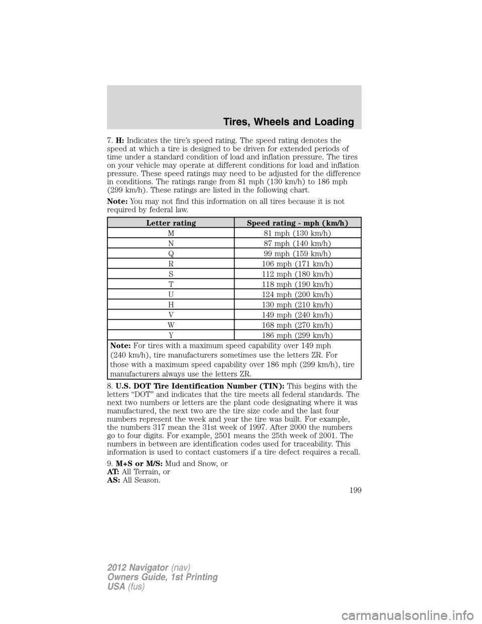 LINCOLN NAVIGATOR 2012  Owners Manual 7.H:Indicates the tire’s speed rating. The speed rating denotes the
speed at which a tire is designed to be driven for extended periods of
time under a standard condition of load and inflation press