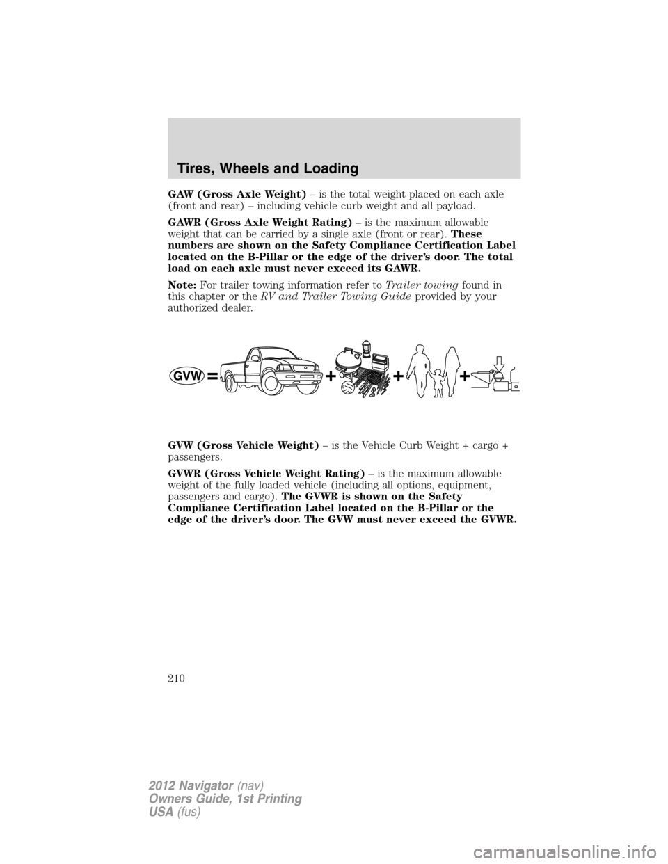 LINCOLN NAVIGATOR 2012  Owners Manual GAW (Gross Axle Weight)– is the total weight placed on each axle
(front and rear) – including vehicle curb weight and all payload.
GAWR (Gross Axle Weight Rating)– is the maximum allowable
weigh