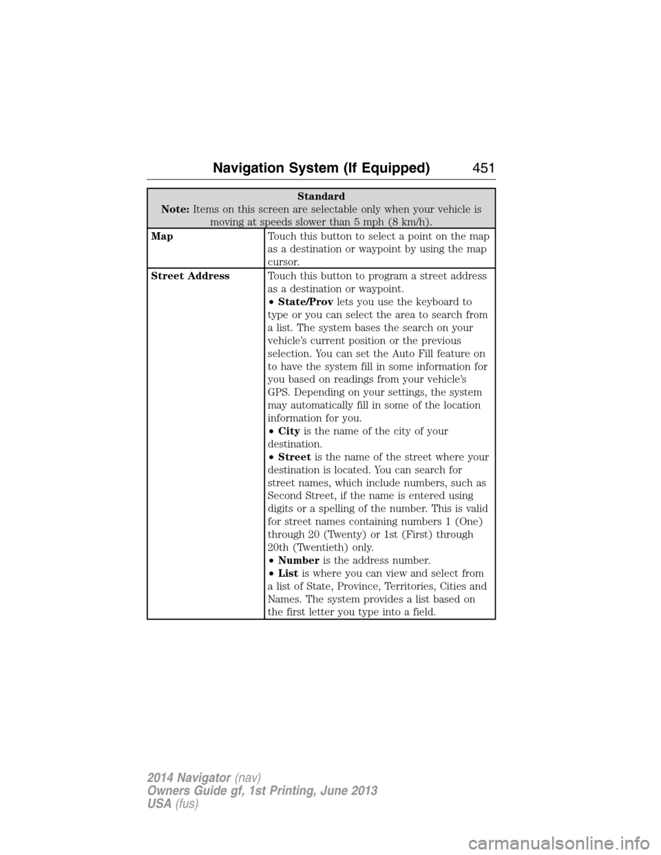 LINCOLN NAVIGATOR 2014  Owners Manual Standard
Note:Items on this screen are selectable only when your vehicle is
moving at speeds slower than 5 mph (8 km/h).
MapTouch this button to select a point on the map
as a destination or waypoint 