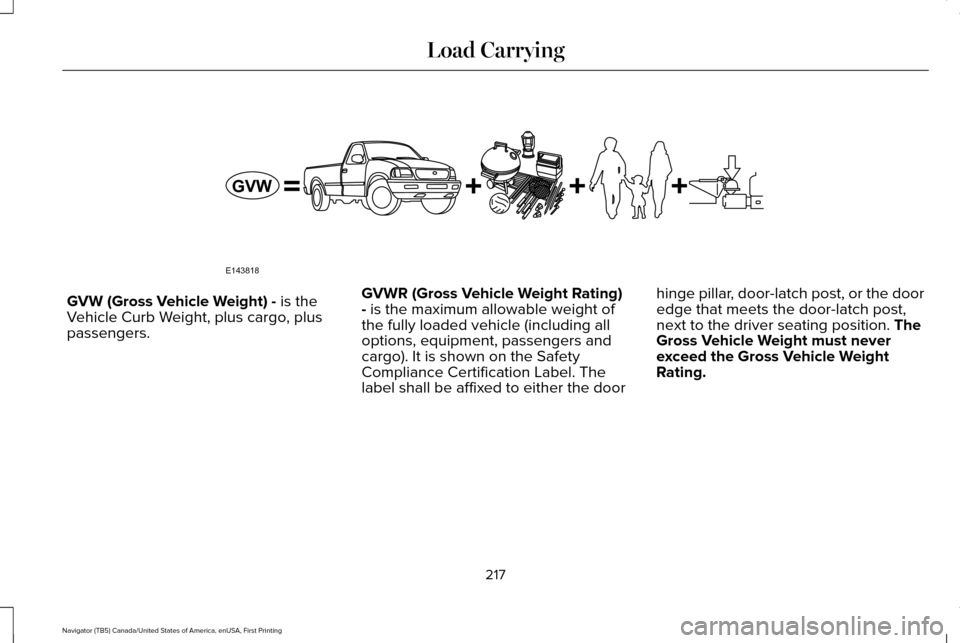 LINCOLN NAVIGATOR 2016  Owners Manual GVW (Gross Vehicle Weight) - is the
Vehicle Curb Weight, plus cargo, plus
passengers. GVWR (Gross Vehicle Weight Rating)
- is the maximum allowable weight of
the fully loaded vehicle (including all
op