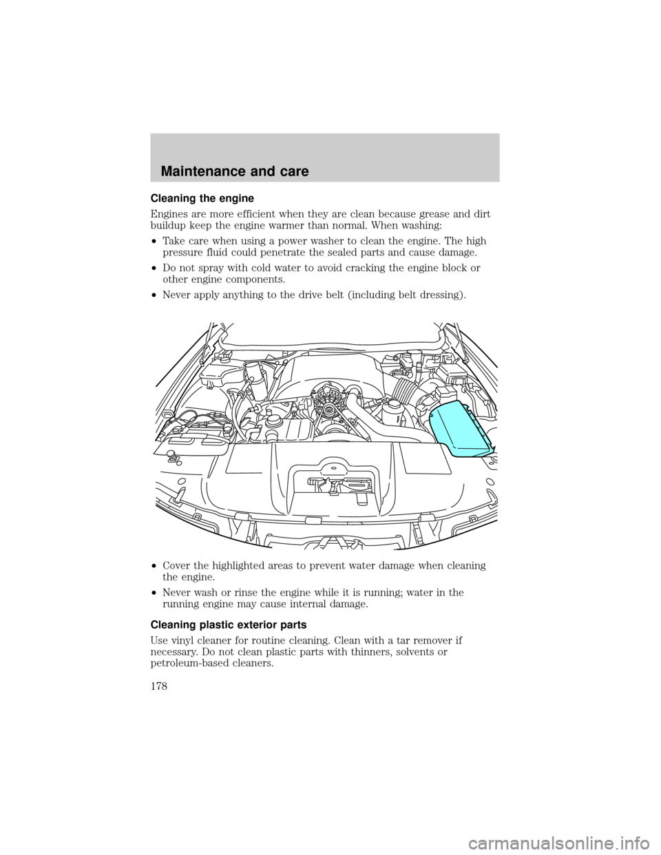 LINCOLN TOWN CAR 1999  Owners Manual Cleaning the engine
Engines are more efficient when they are clean because grease and dirt
buildup keep the engine warmer than normal. When washing:
²Take care when using a power washer to clean the 