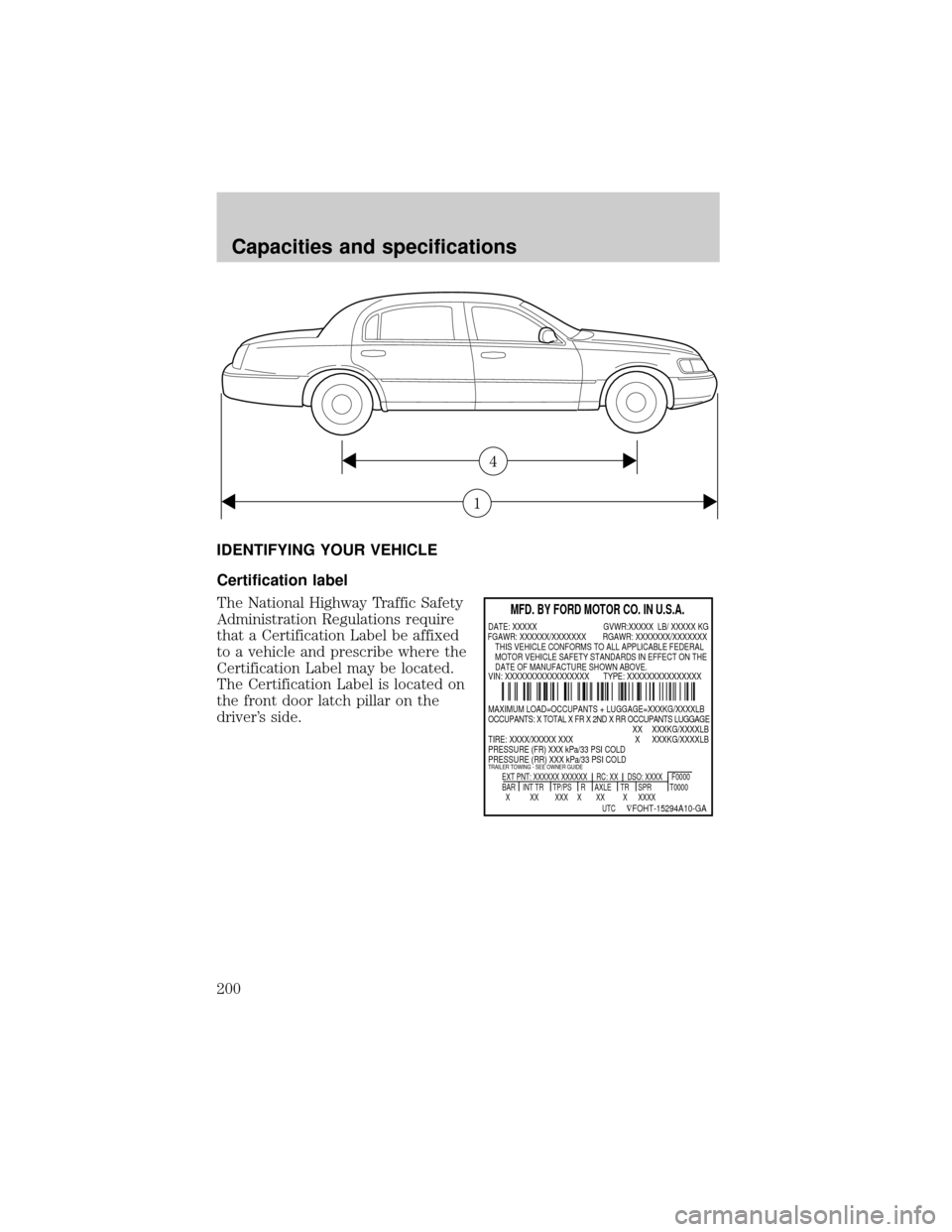 LINCOLN TOWN CAR 2000 Owners Manual IDENTIFYING YOUR VEHICLE
Certification label
The National Highway Traffic Safety
Administration Regulations require
that a Certification Label be affixed
to a vehicle and prescribe where the
Certifica LINCOLN TOWN CAR 2000 Owners Manual IDENTIFYING YOUR VEHICLE
Certification label
The National Highway Traffic Safety
Administration Regulations require
that a Certification Label be affixed
to a vehicle and prescribe where the
Certifica