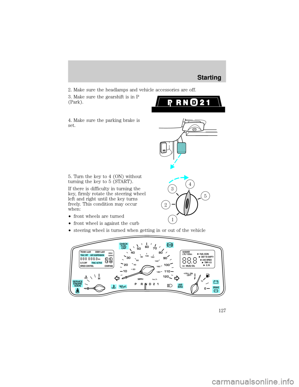 LINCOLN TOWN CAR 2001  Owners Manual 2. Make sure the headlamps and vehicle accessories are off.
3. Make sure the gearshift is in P
(Park).
4. Make sure the parking brake is
set.
5. Turn the key to 4 (ON) without
turning the key to 5 (ST