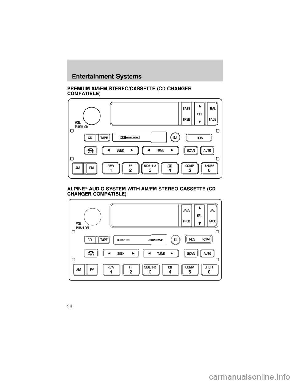 LINCOLN TOWN CAR 2002  Owners Manual PREMIUM AM/FM STEREO/CASSETTE (CD CHANGER
COMPATIBLE)
ALPINETAUDIO SYSTEM WITH AM/FM STEREO CASSETTE (CD
CHANGER COMPATIBLE)
SCAN
VOL
PUSH ON
REW
1
FF
2
SIDE 1.
2
34
COMP
5
SHUFF
6
AUTO TUNE
SEEK
SEL
